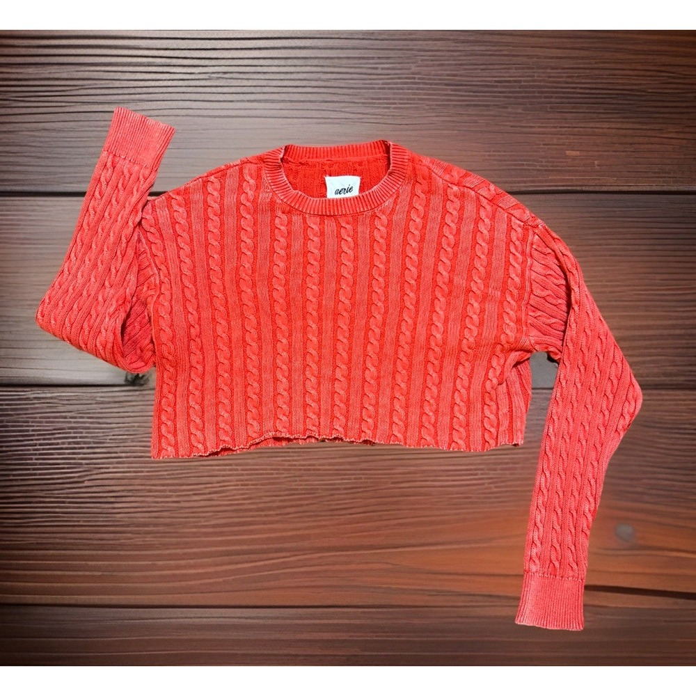 Aerie Mini Cable Knit‎ Cropped Sweater Size XL Red Coral